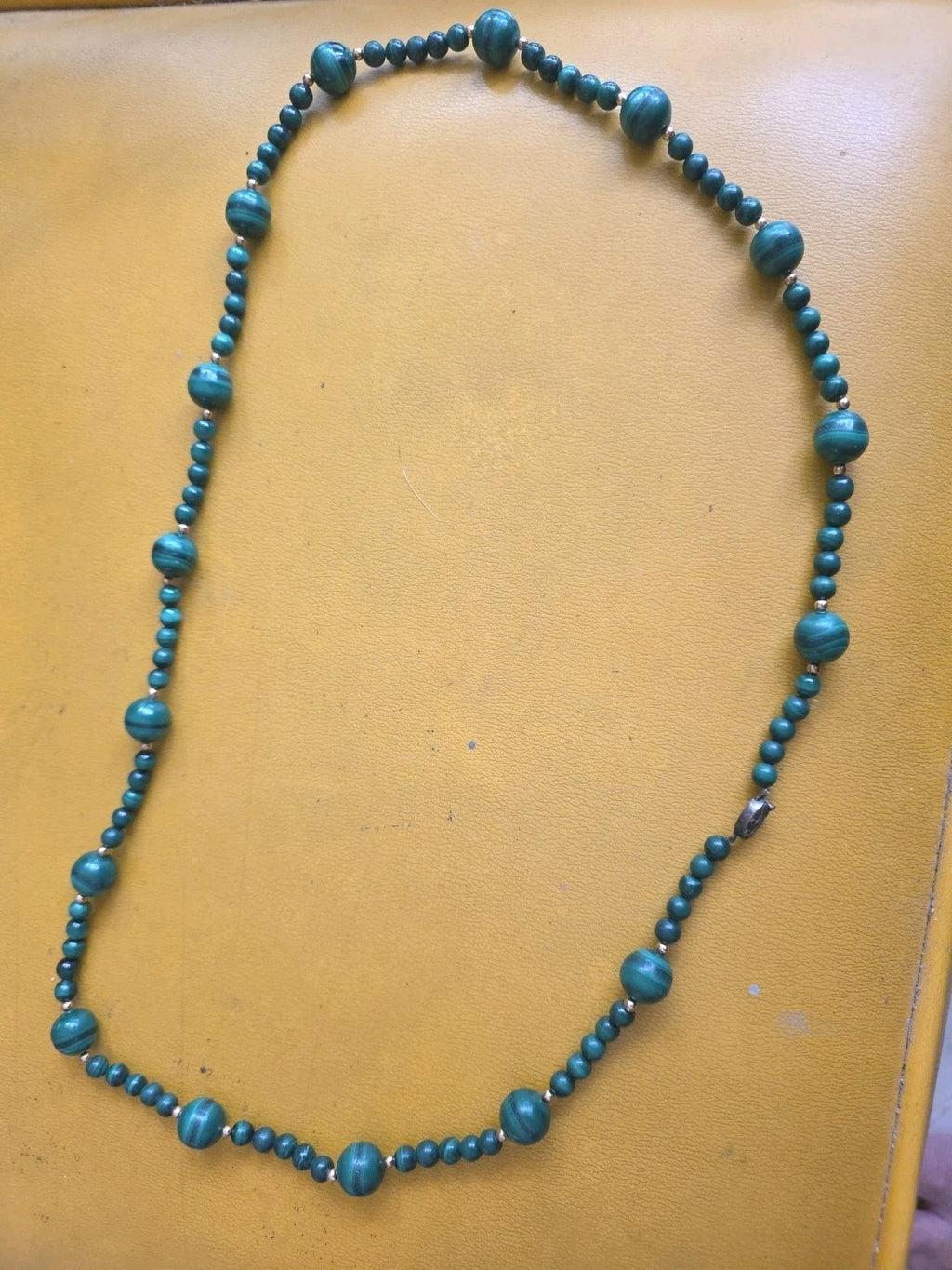 Vintage Genuine Malachite Long Strand Bead Necklace 30" Gold Beads