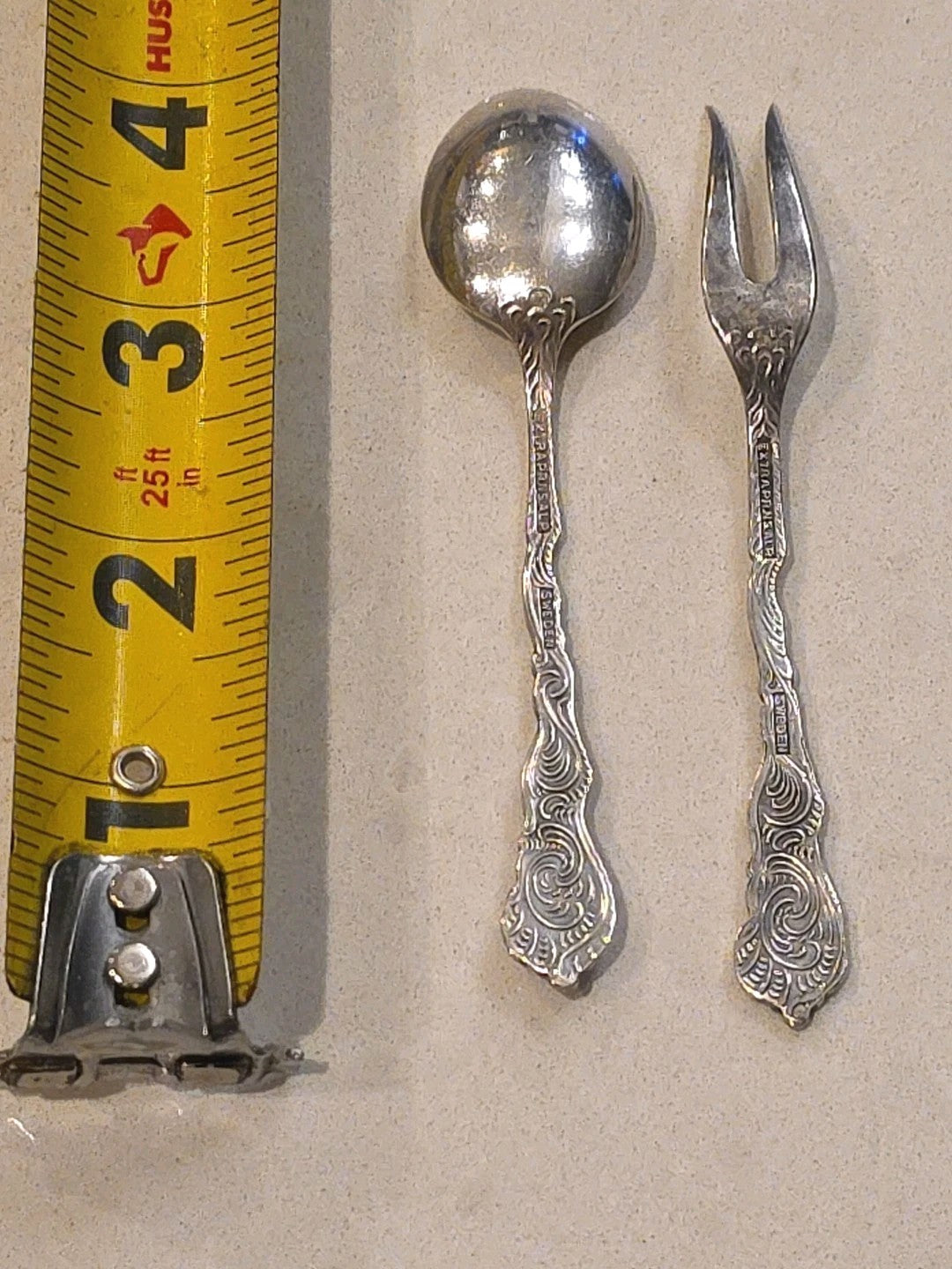 Nils Johan 4" Snail/Lemon Fork and 4" Demitasse Spoon from Sweden Floral pattern