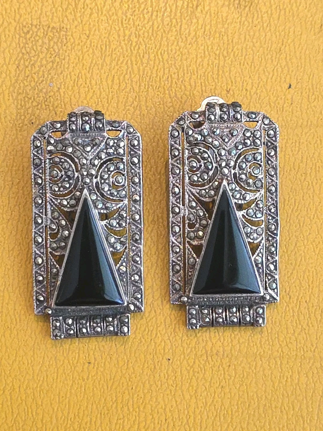 Vintage Judith Jack Art Deco Style Sterling Black Onyx Marcasite Earrings