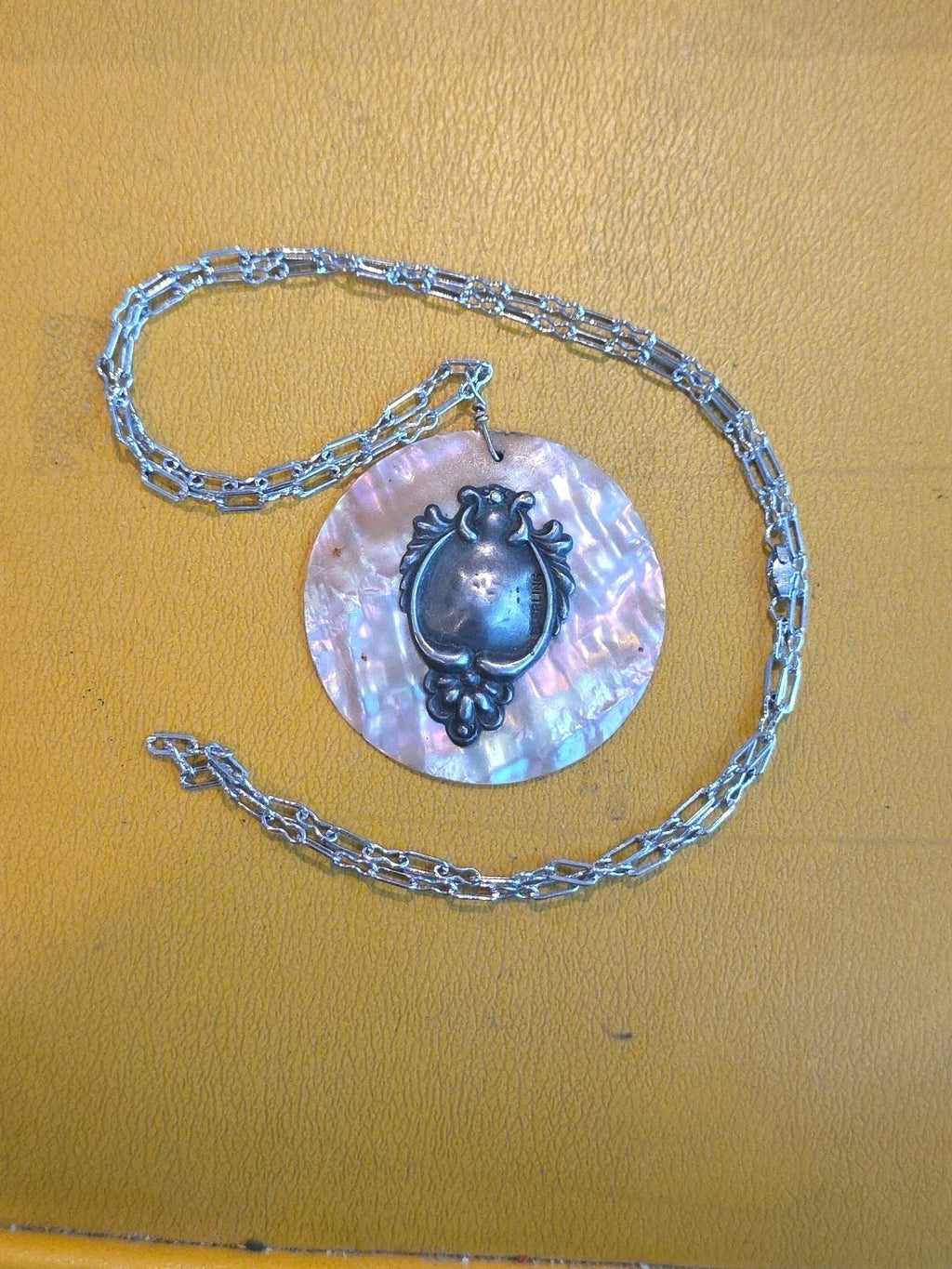 VINTAGE ~ ABALONE, TURQUOISE & STERLING SILVER NECKLACE & PENDANT (j)