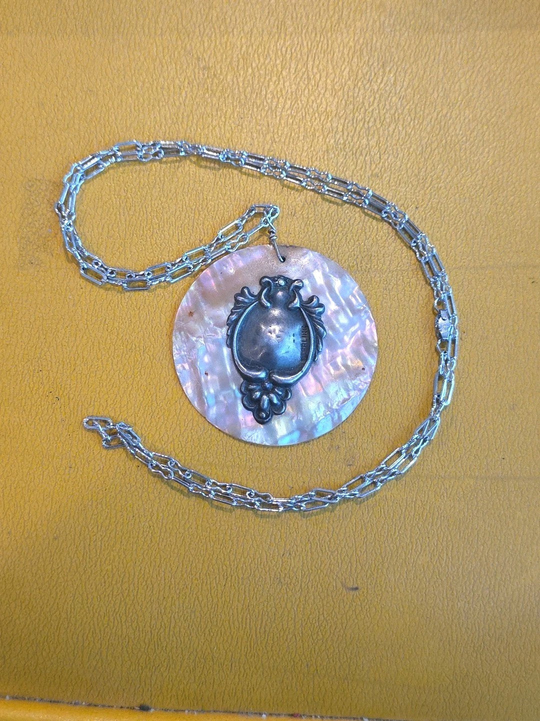 VINTAGE ~ ABALONE, TURQUOISE & STERLING SILVER NECKLACE & PENDANT (j)