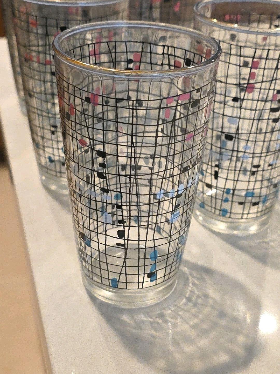(7) Vintage 1950’s Hazel Atlas Geometric Crosshatch Drinking Glasses Tumblers