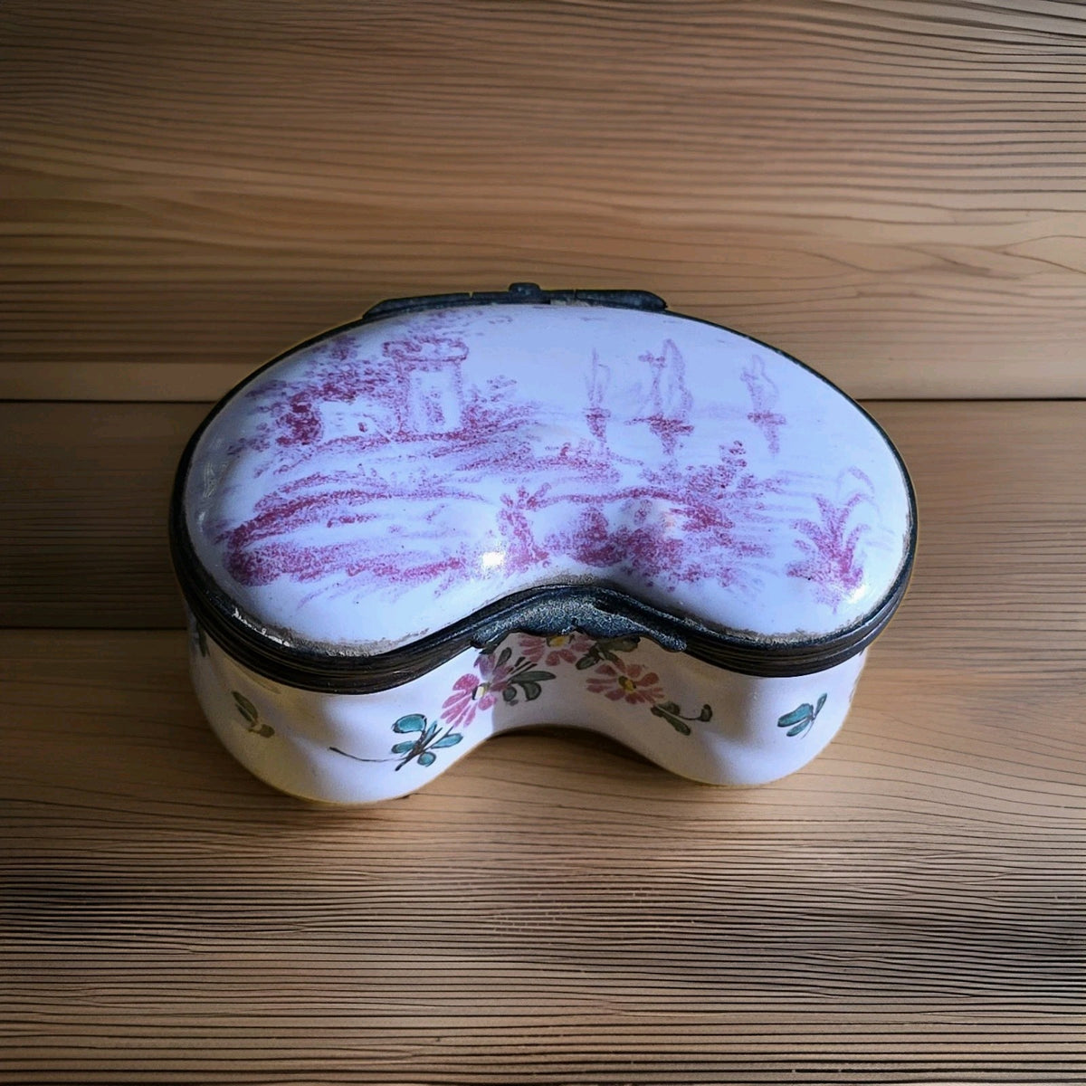19th c Beautiful Faience Unusual  Kidney Shape Snuff Box Signed NB