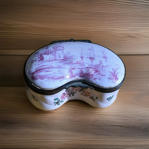 19th c Beautiful Faience Unusual  Kidney Shape Snuff Box Signed NB