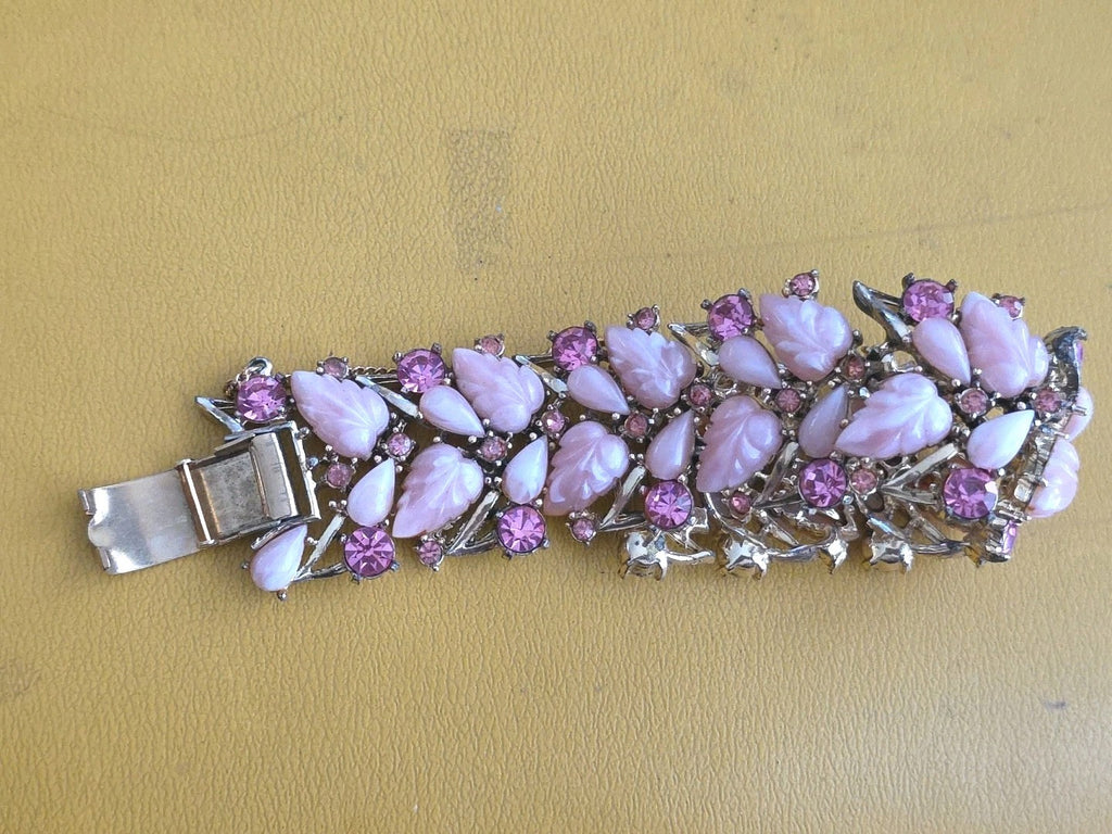 Vintage Rousseau Pink Resin Leaf Rhinestone Bracelet
