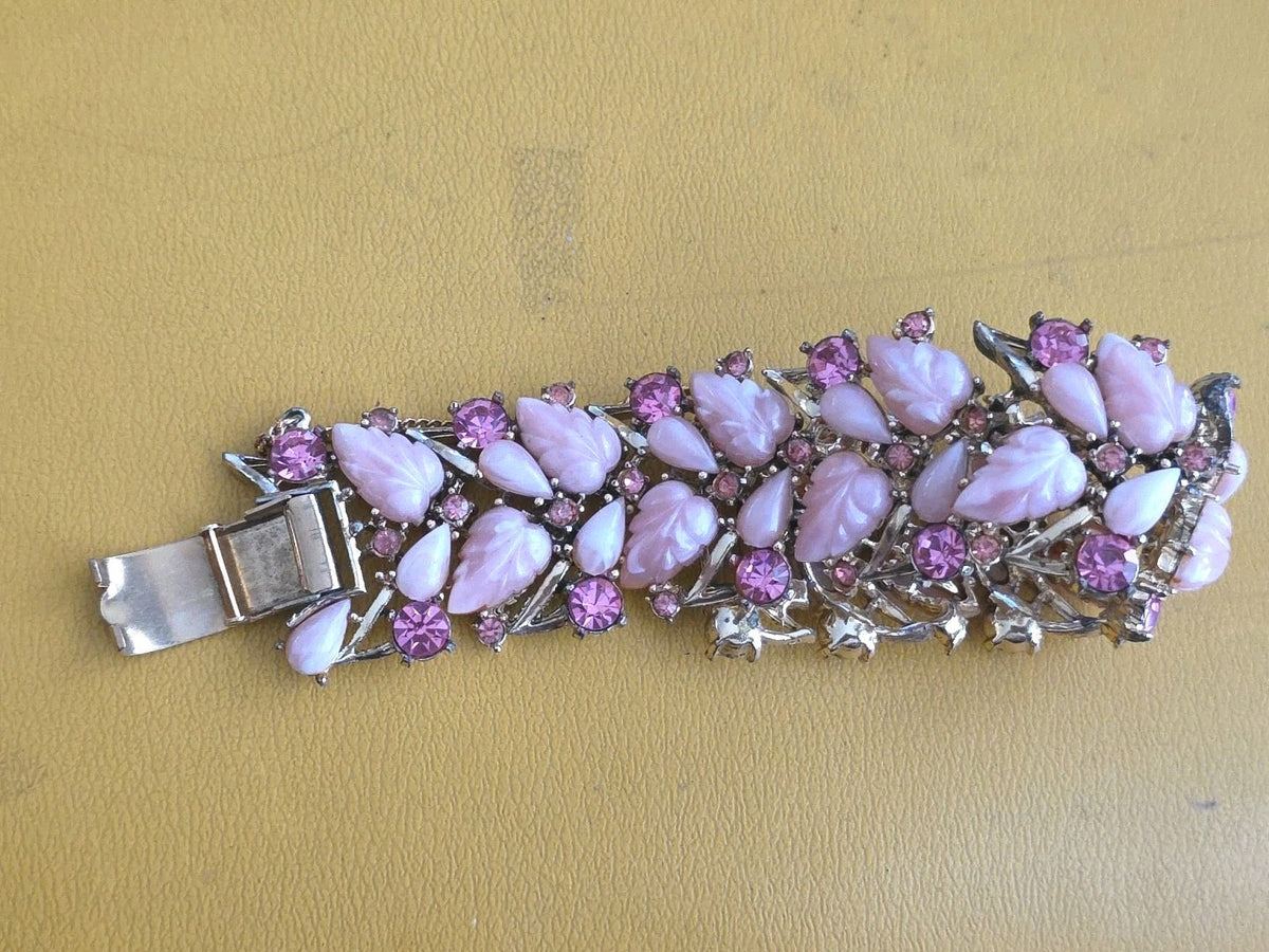 Vintage Rousseau Pink Resin Leaf Rhinestone Bracelet