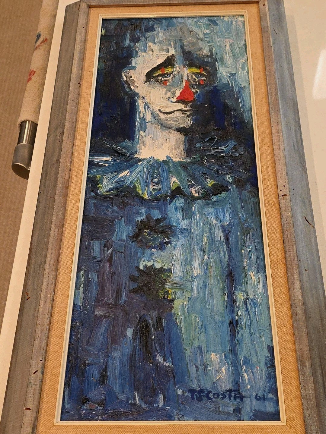 1961 T. S. COSTA Signed Circus Clown Oil Painting 13x28 Framed Artwork Art