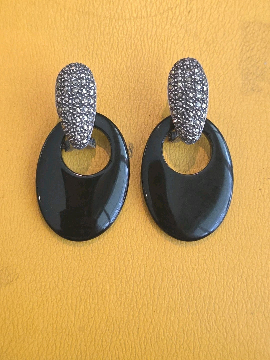 Vintage Round Taxco Mexico 925 Sterling Silver Black Onyx Dangle Earrings