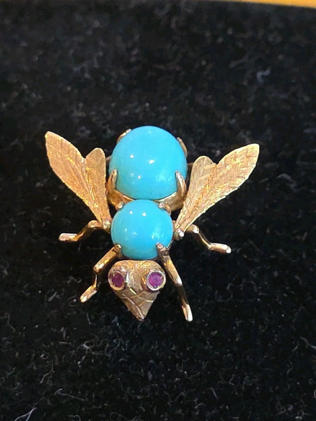Vintage Turquoise 18K Yellow Gold Ruby 3D Bumble Bee Pin Brooch