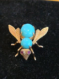 Vintage Turquoise 18K Yellow Gold Ruby 3D Bumble Bee Pin Brooch