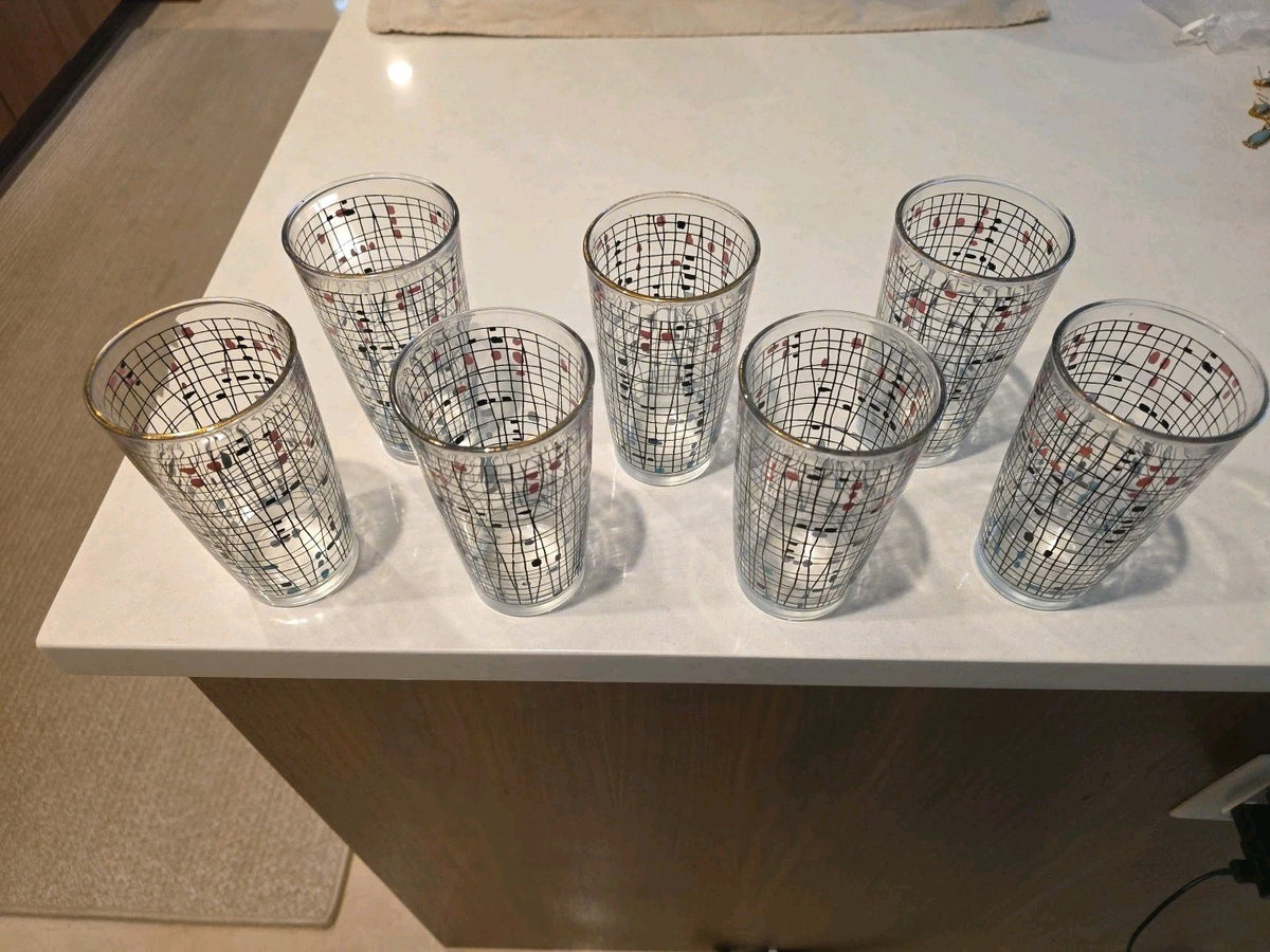 (7) Vintage 1950’s Hazel Atlas Geometric Crosshatch Drinking Glasses Tumblers