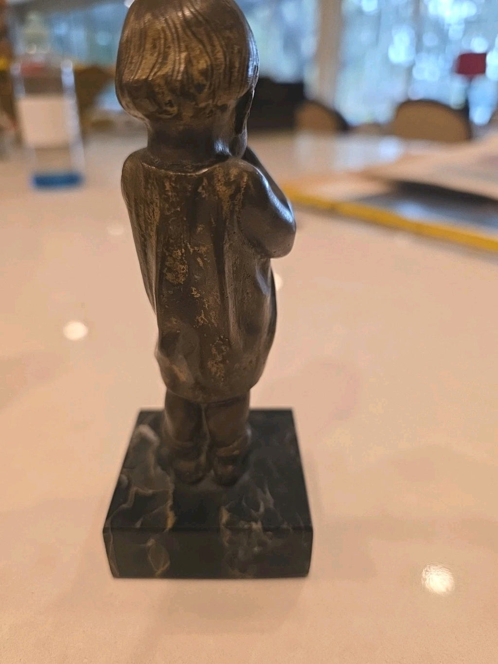 Cast Bronze Figurine Of A Boy Crying Into His Shirt On A Marble Plinth Vintage