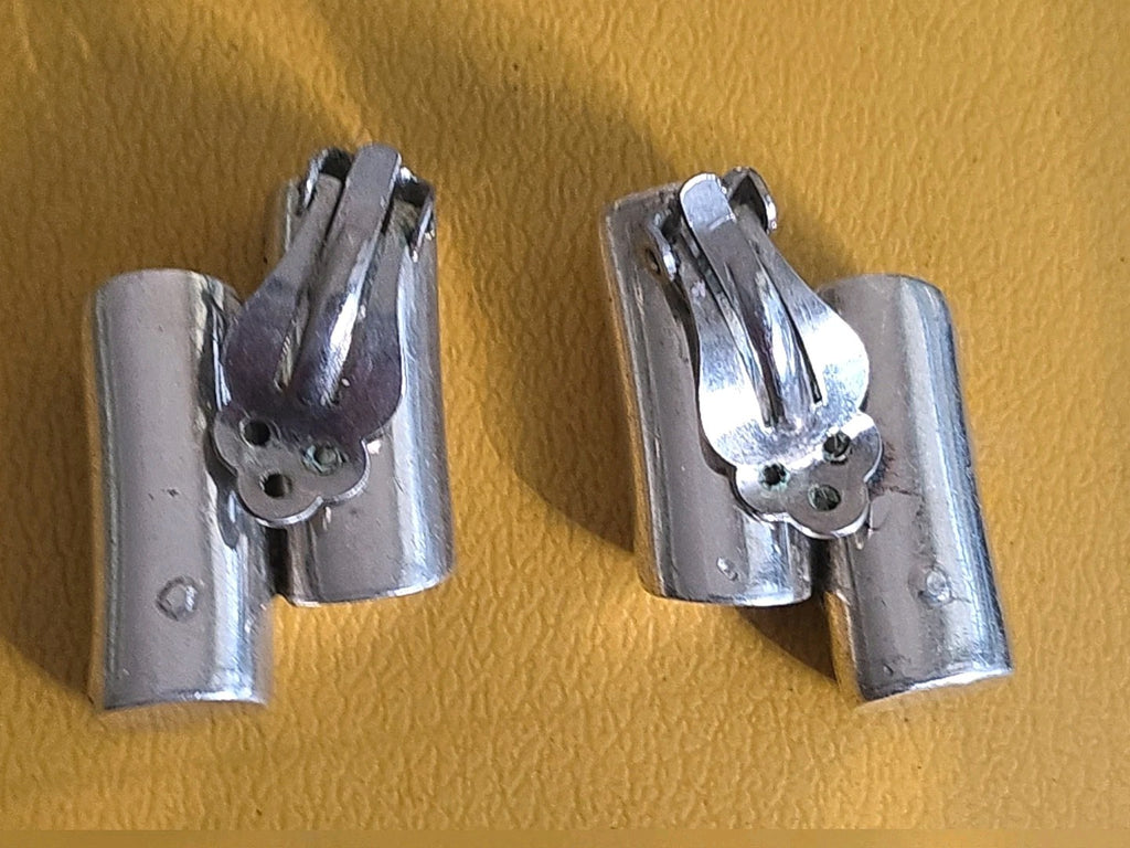 Vintage Mexico 925 Sterling Silver Two Cylinder Bars Clipon Earrings