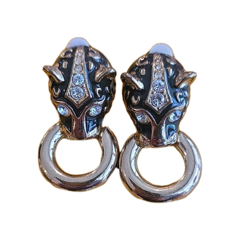 1980's Rhinestone Door Knocker Jaguar Clip on Earrings Gold/Black Head