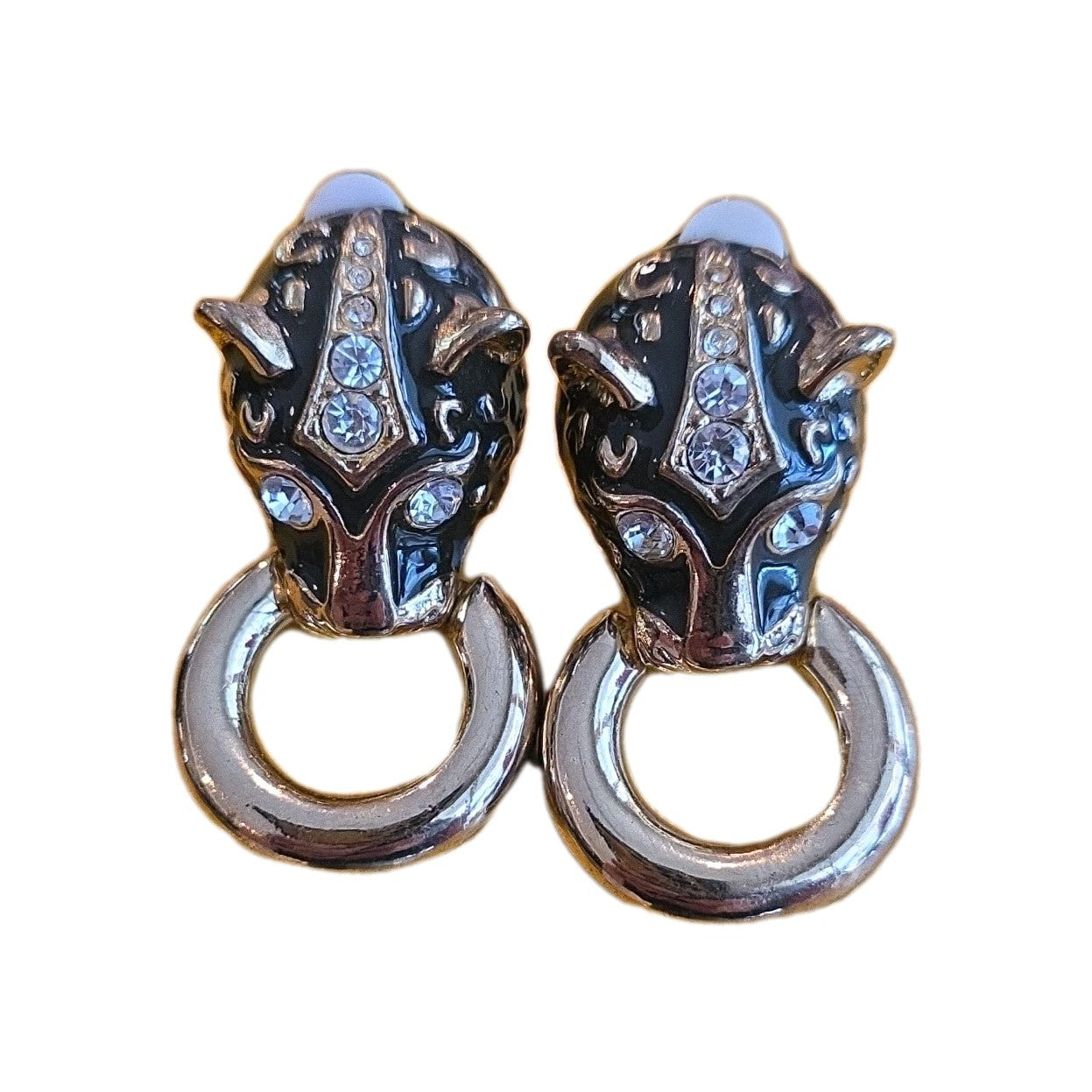 1980's Rhinestone Door Knocker Jaguar Clip on Earrings Gold/Black Head