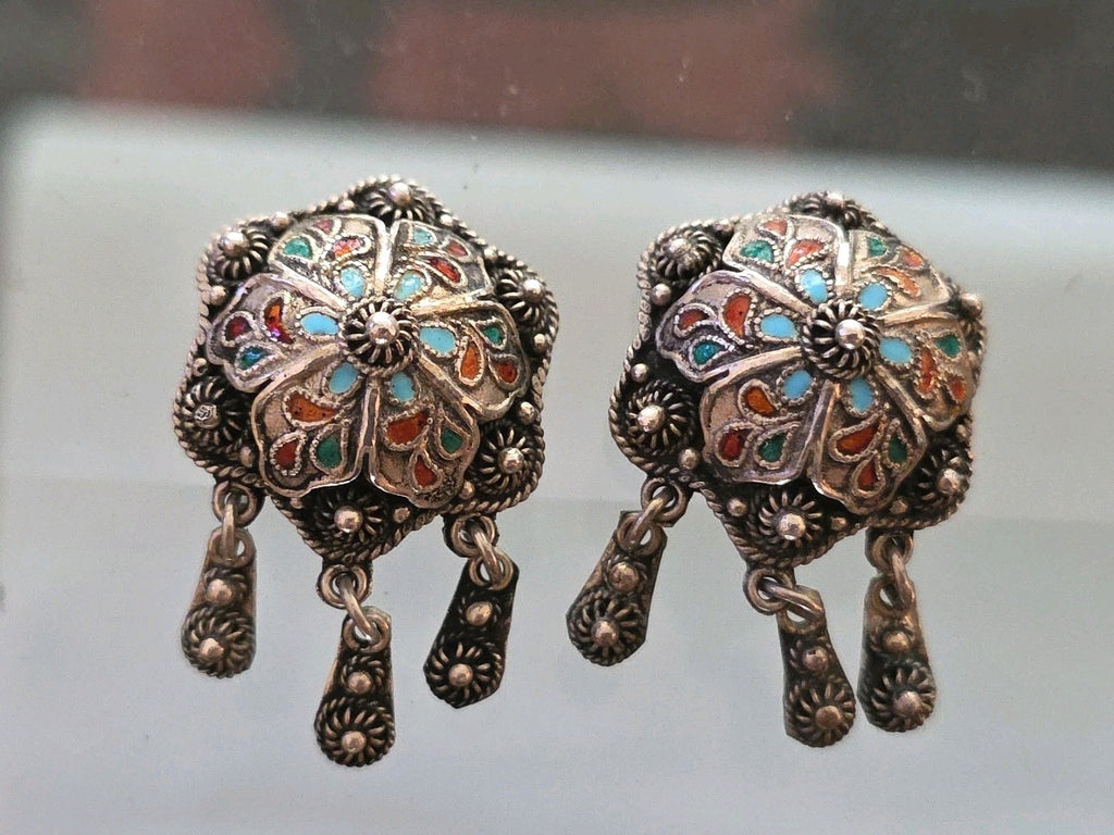 Antique Silver Highly Decorated  Granulation Enamel Bell Earrings  w Clapper