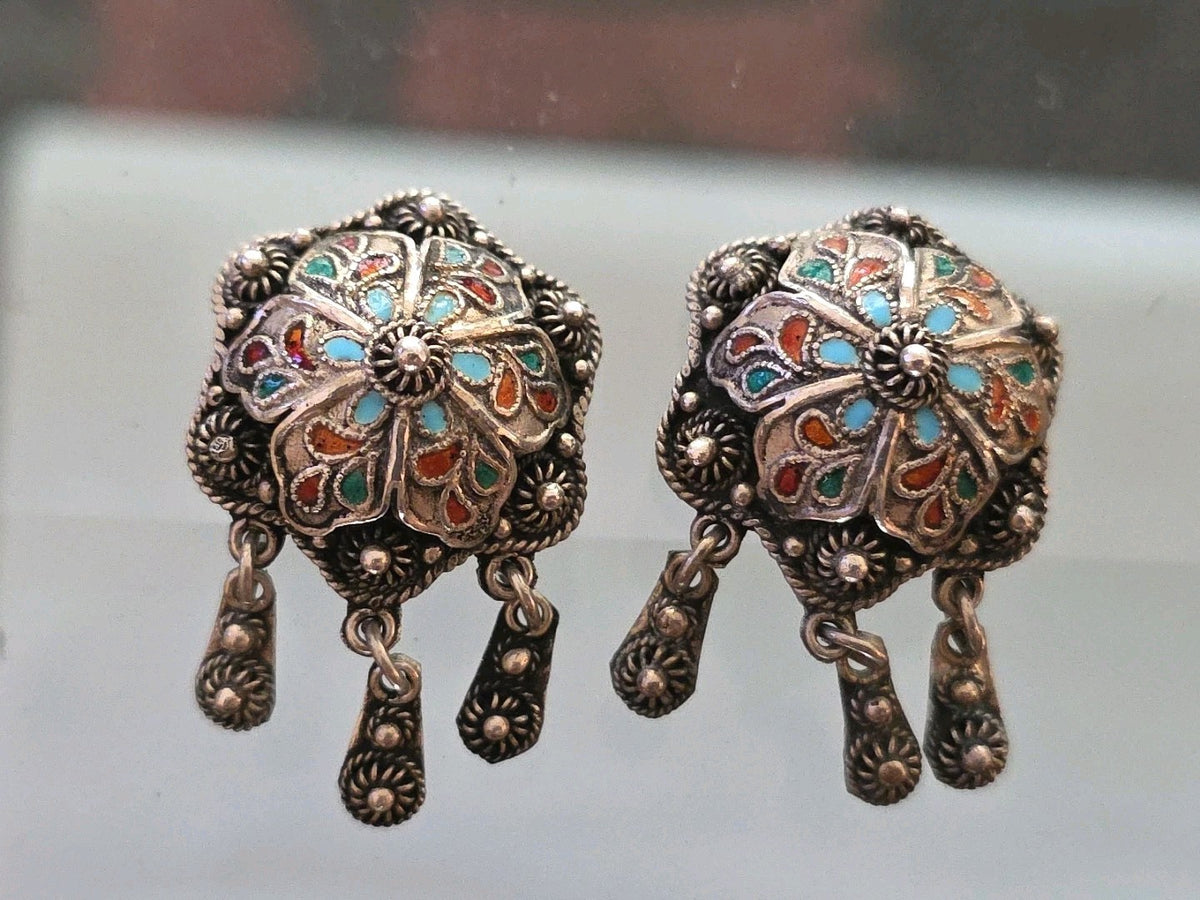 Antique Silver Highly Decorated  Granulation Enamel Bell Earrings  w Clapper