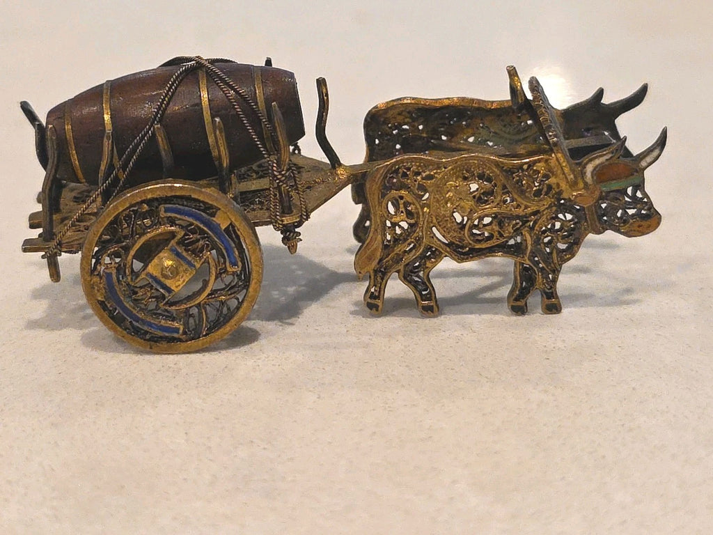Antique Sterling & Enamel Filigree Miniature Tiny Ox Cart & Wood Barrow