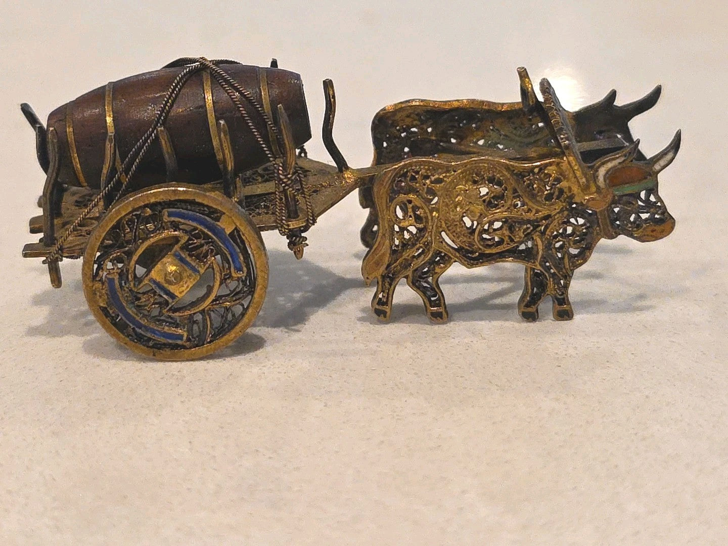 Antique Sterling & Enamel Filigree Miniature Tiny Ox Cart & Wood Barrow