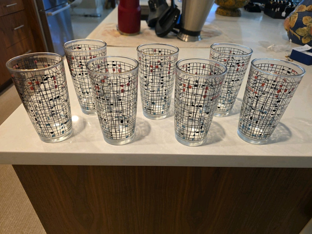 7 Vintage 1950’s Hazel Atlas Geometric Crosshatch Drinking Glasses Tumblers