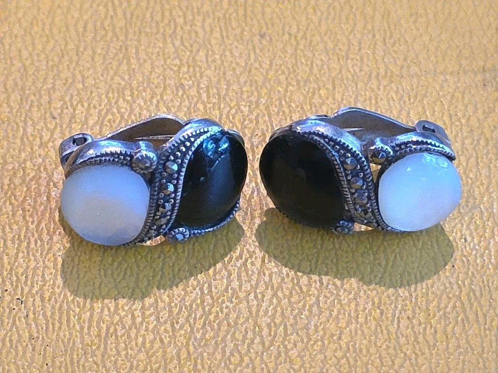 Tori Hill Genuine Sterling & Marcasite Black Onyx MOP Earrings