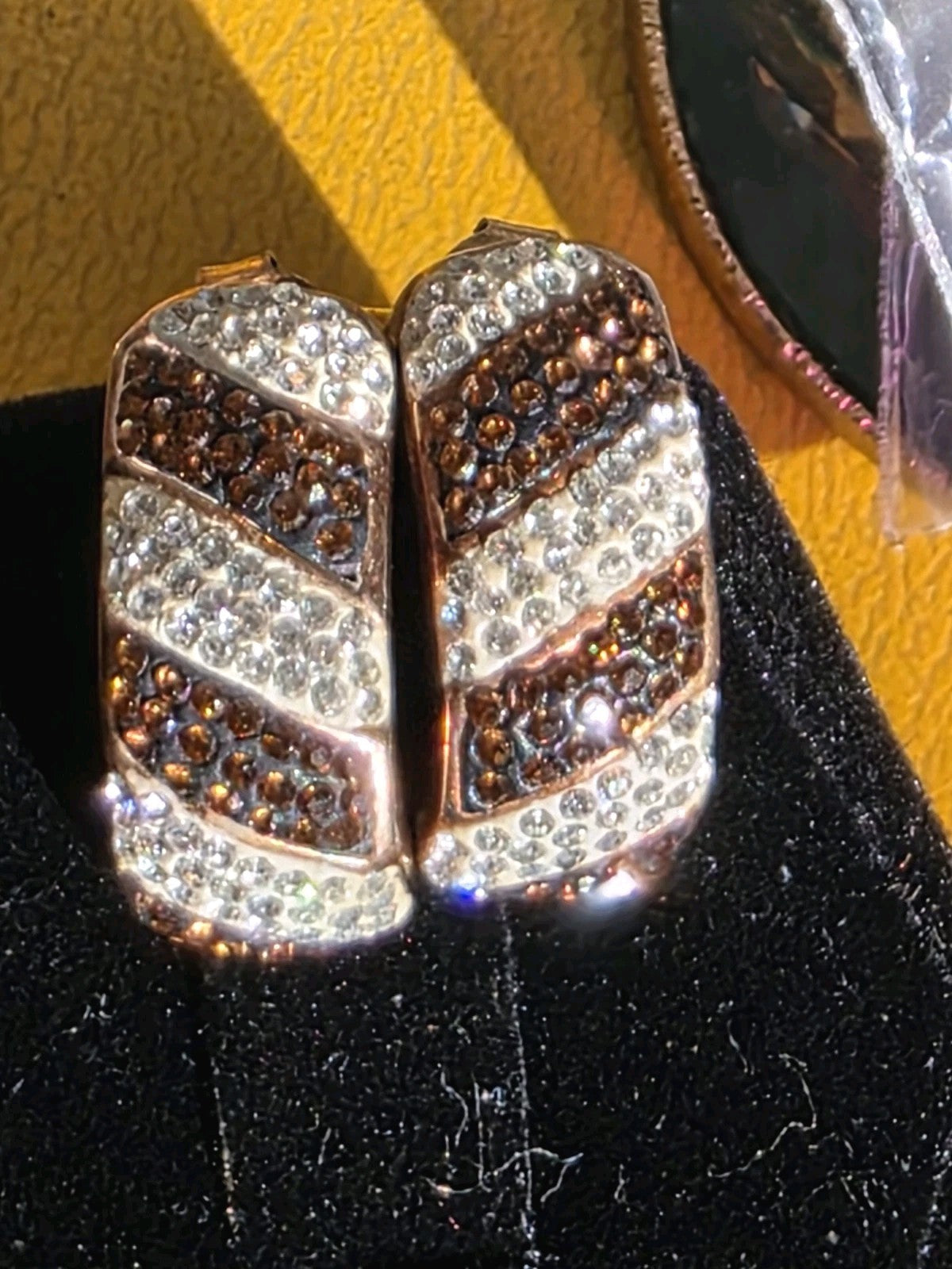 EARRINGS SILVER S925 Gold Wash with Pave  Brown & Clear Stones