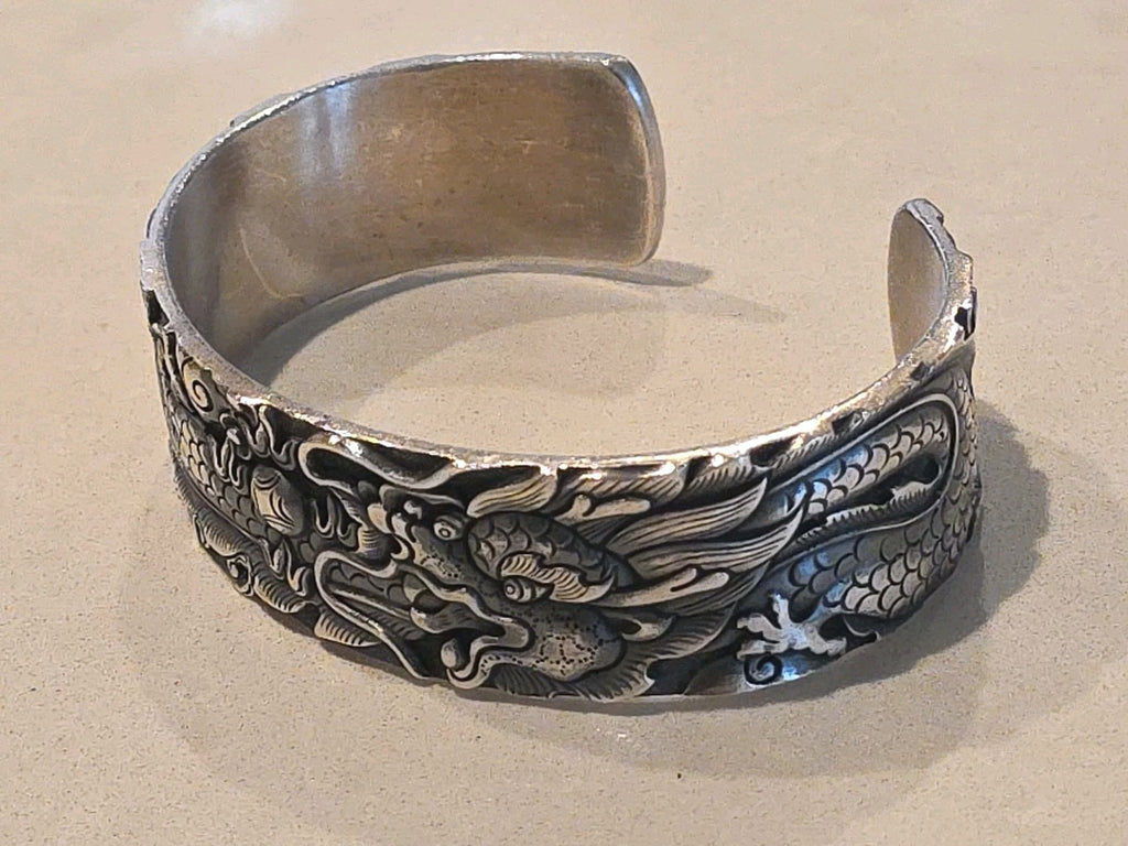 Solid S999 Fine Silver 999 Bracelet Men Women 1" W Dragon Open Bangle