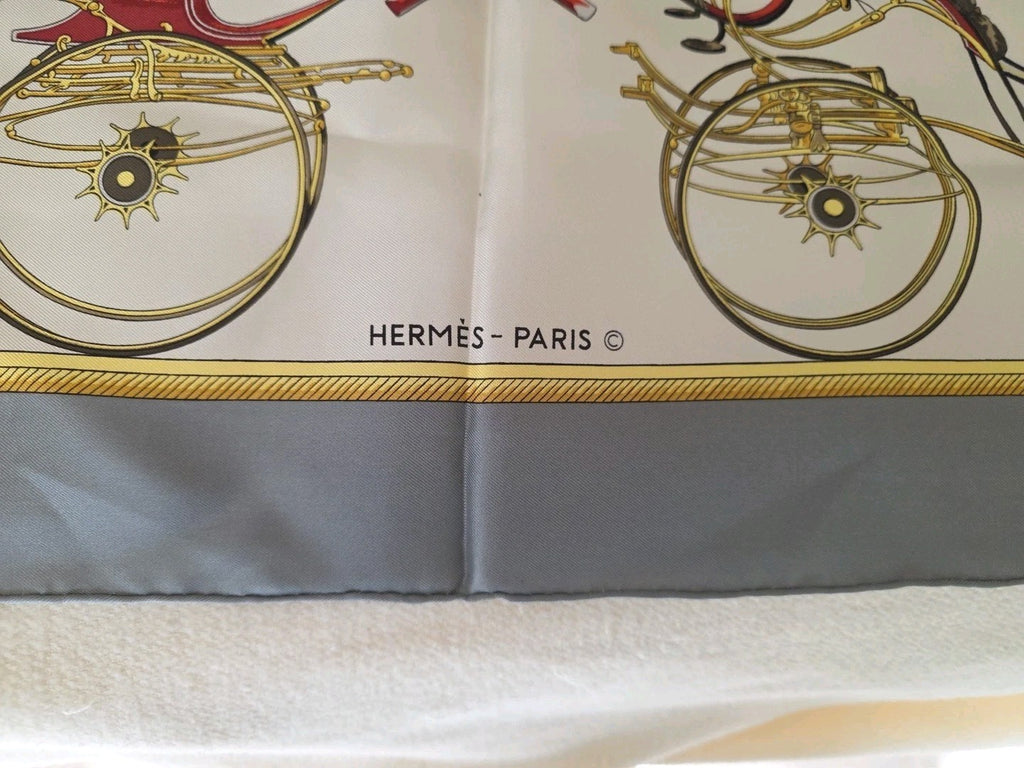 Hermes Scarf HERMES Scarf Carre 90 Silk Twill Carriage Motif Bordeaux White HERM