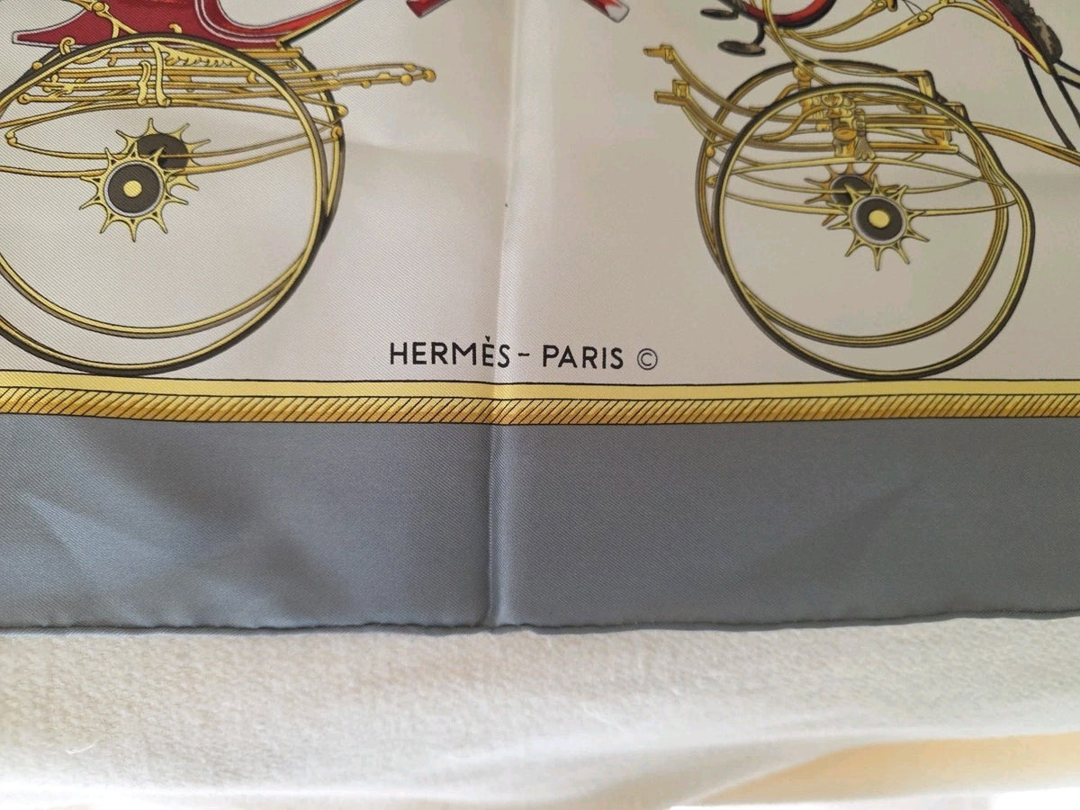 Hermes Scarf HERMES Scarf Carre 90 Silk Twill Carriage Motif Bordeaux White HERM