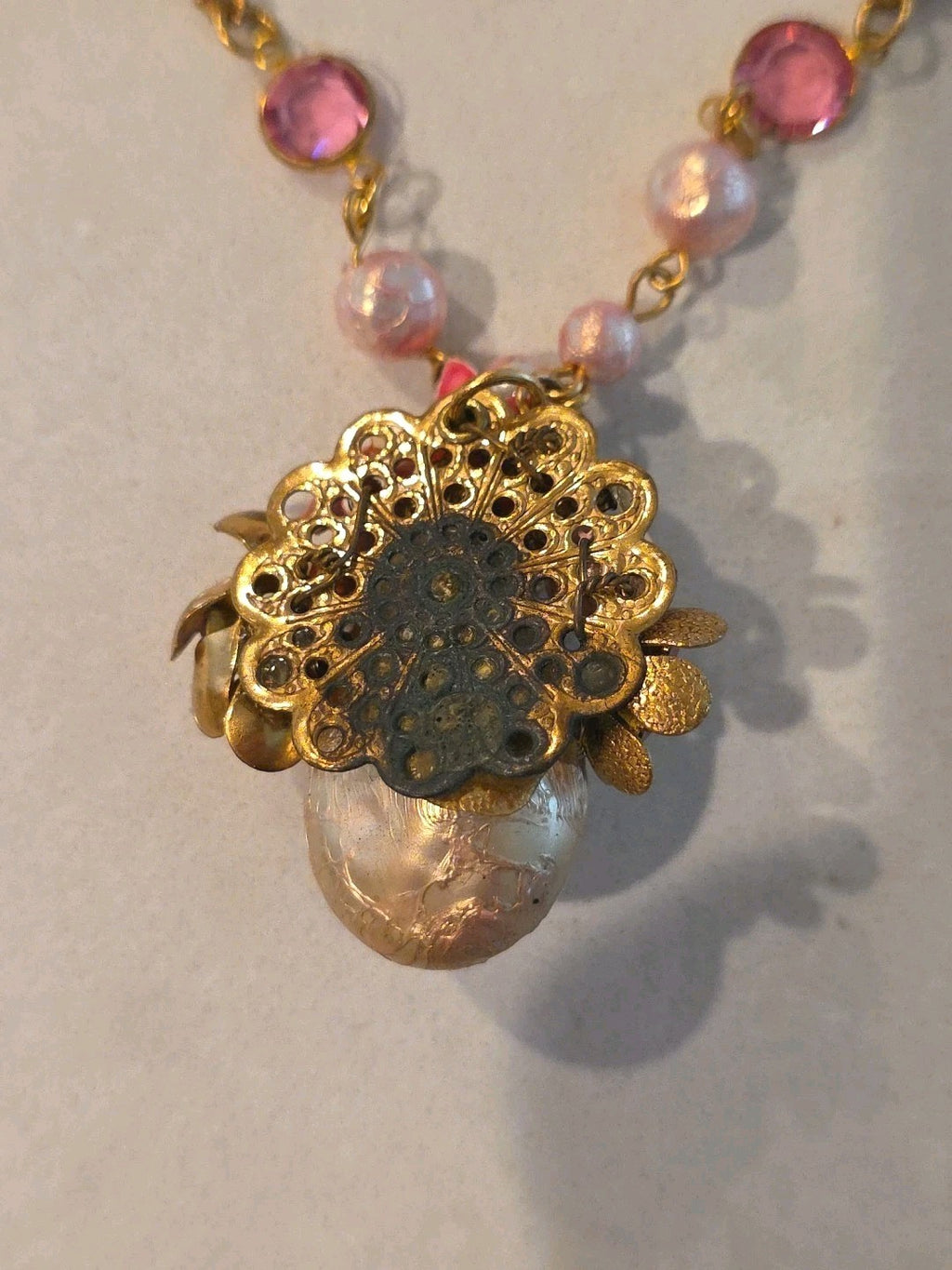 Rare Unmarked Mariam Haskell Pink & Pearl Ornate Classic Necklace & Earrings Set