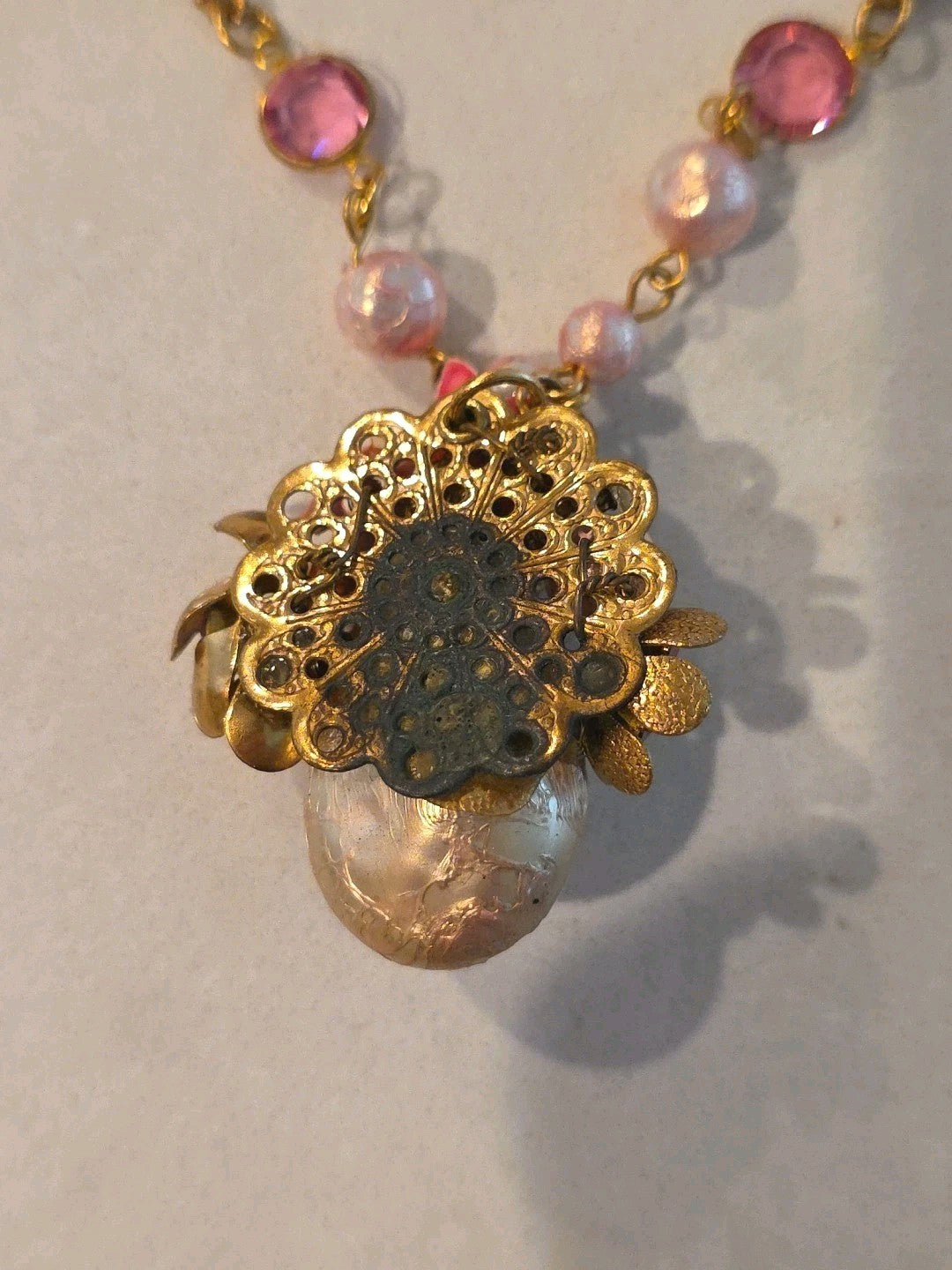 Rare Unmarked Mariam Haskell Pink & Pearl Ornate Classic Necklace & Earrings Set
