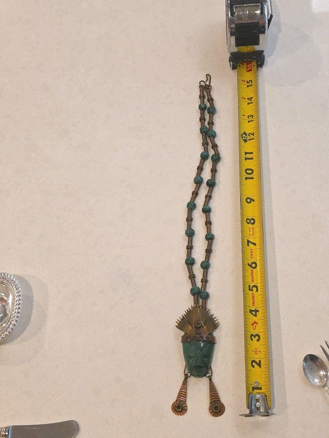 VERY STRIKING LARGE AZTEC DESIGN NECKLACE CARVED GREEN JADE STONE & COPPER