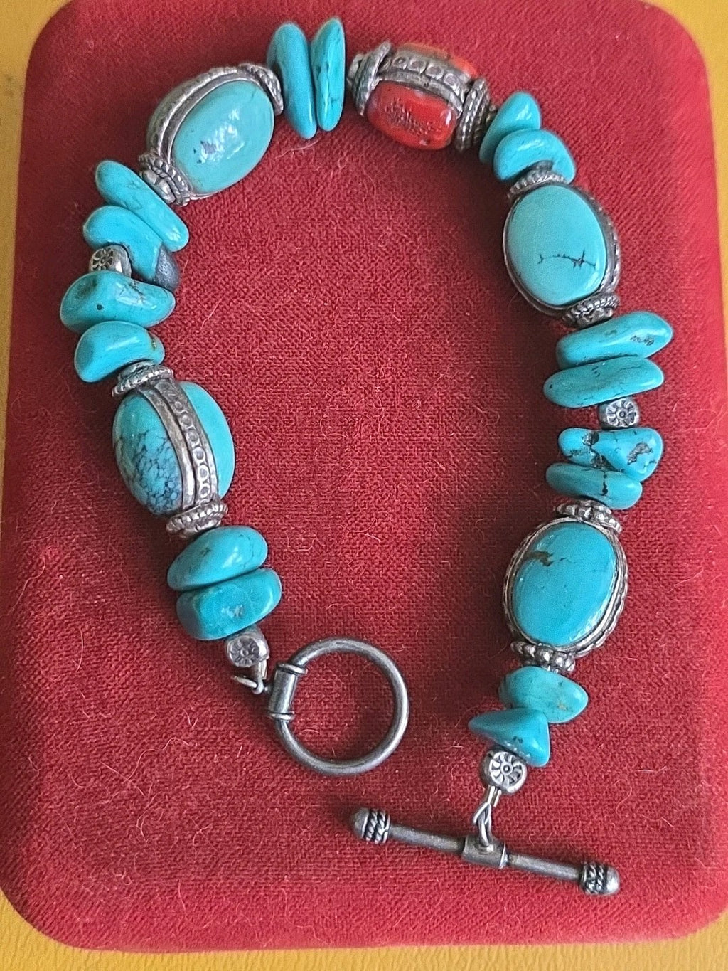 Southwestern Native American Turquoise, Red Coral & Bead Toggle 8" Bracelet