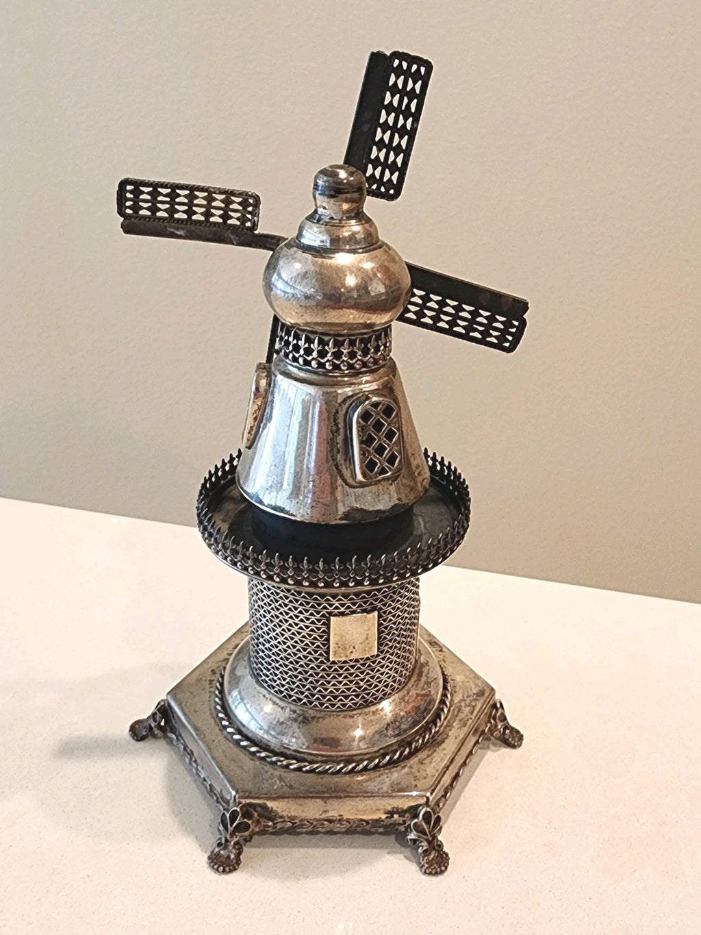 Vintage Antique Judaica Sterling Silver Spinning Blades Windmill Tower Figurine
