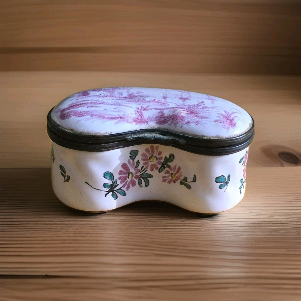 19th c Beautiful Faience Unusual  Kidney Shape Snuff Box Signed NB