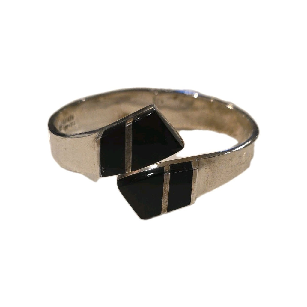 TAXCO MEXICO Sterling Silver Hinged Cuff Bracelet Onyx Inlay Vintage
