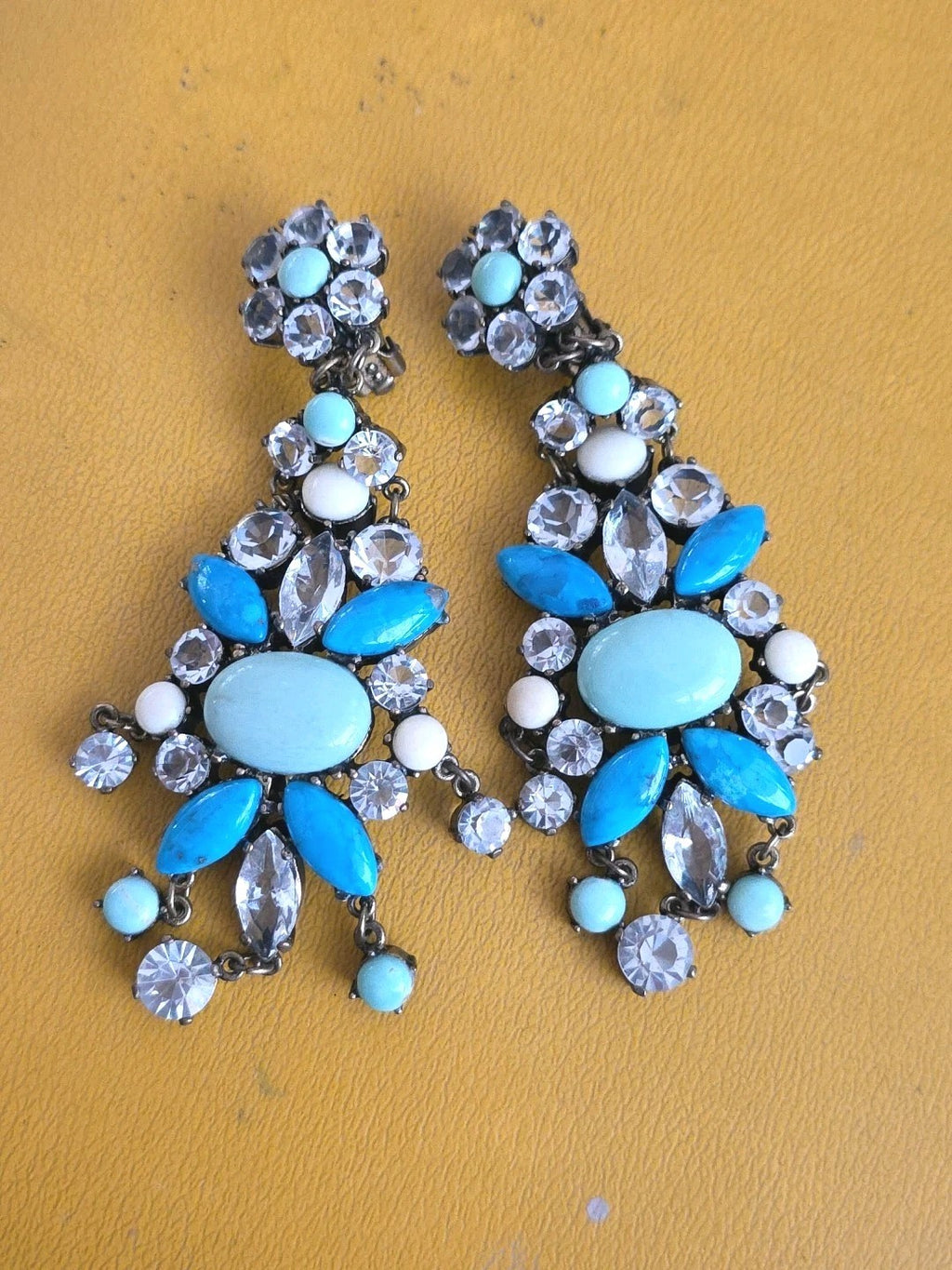 Hattie Carnegie Style Huge Turquoise Blue Cabochon Rhinestone Earrings