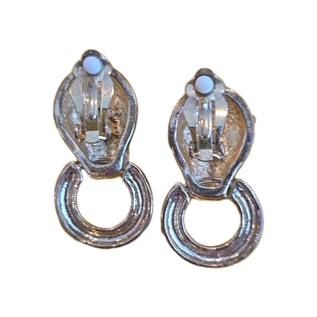 1980's Rhinestone Door Knocker Jaguar Clip on Earrings Gold/Black Head