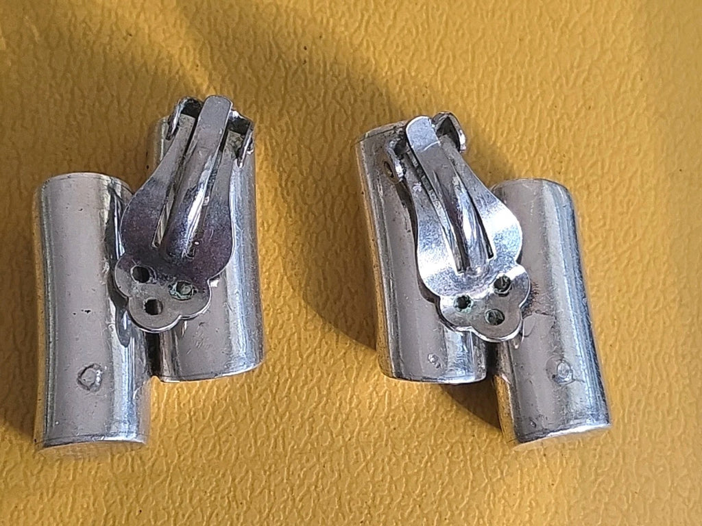 Vintage Mexico 925 Sterling Silver Two Cylinder Bars Clipon Earrings