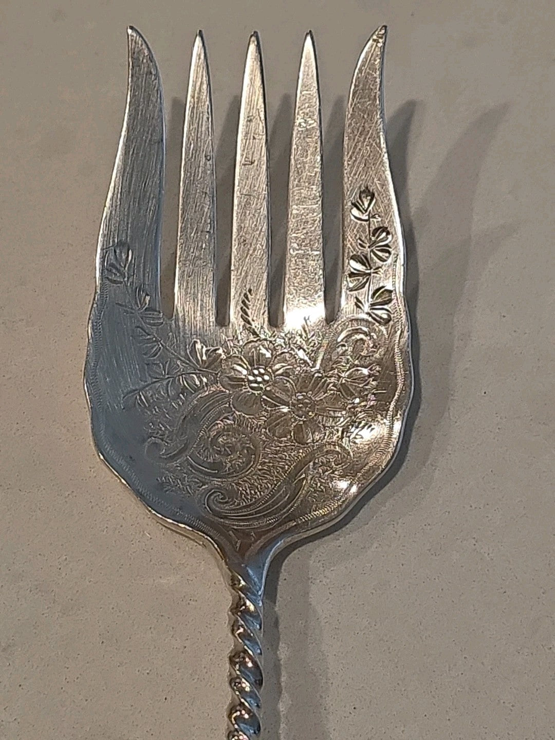 Square Twist #5 Whiting Sterling Silver Serving Sardine Fork Bright-Cut 8 1/2"