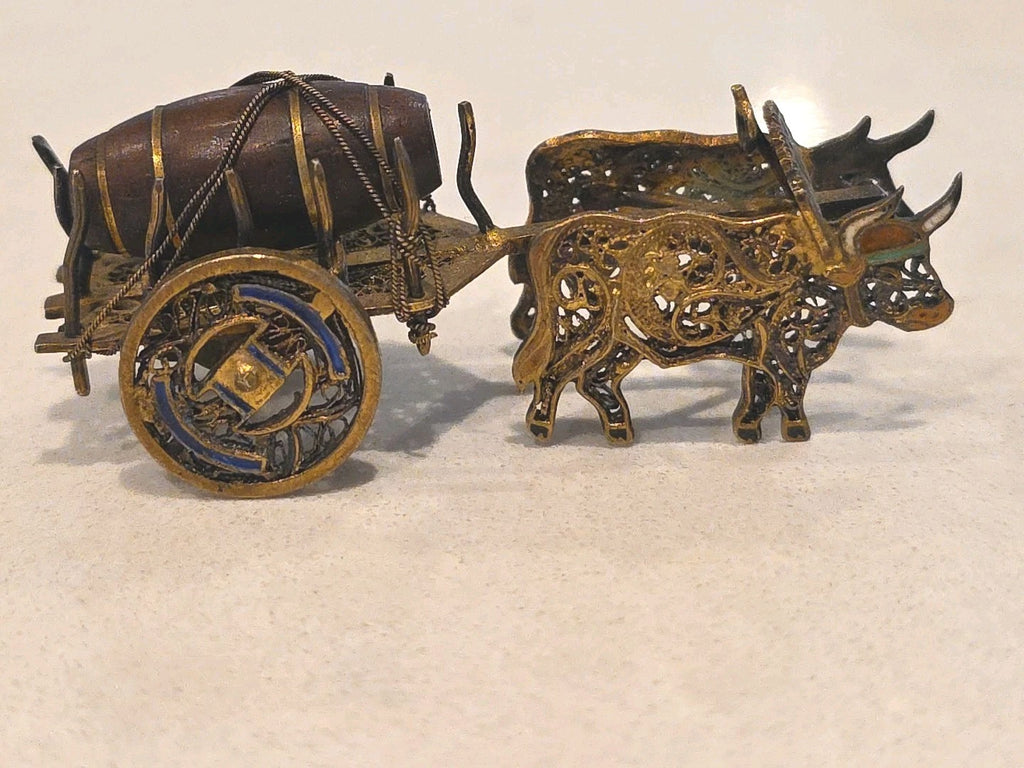 Antique Sterling & Enamel Filigree Miniature Tiny Ox Cart & Wood Barrow