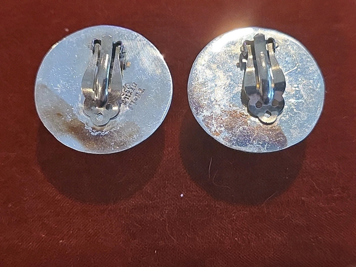 Huge 1 1/2 "  Vintage Round Taxco Sterling Silver Brass Trim Clip On Earrings