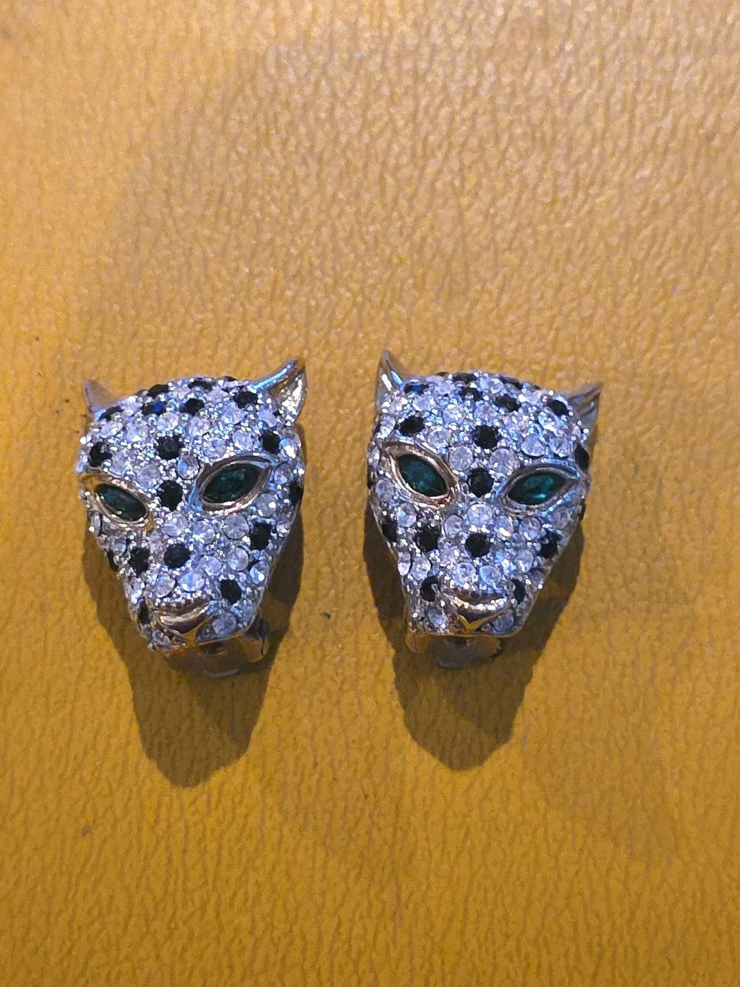 Designer Style Panther Head Pave Rhinestone Earrings Green Rhinestone Eyes