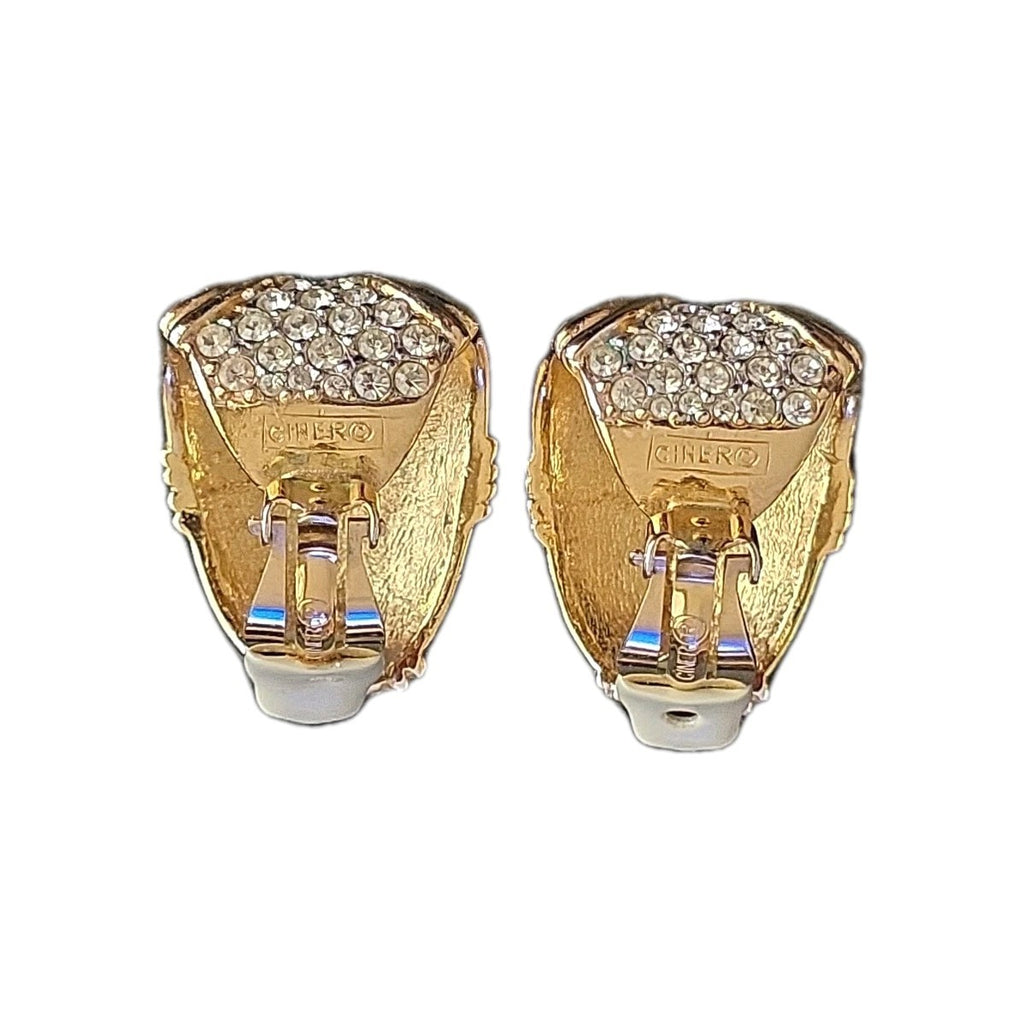CINER 1980s Diamante Earrings Huge Gold-plated White Crystal Signed Clip-ons