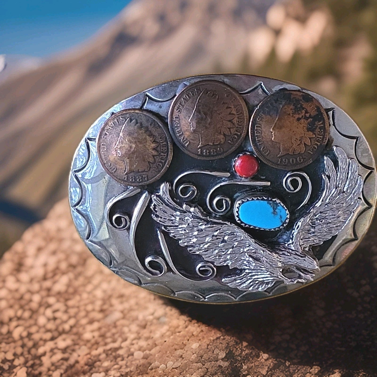 Squaw Wrap Flying Eagle Native Indian Head Pennies Coral & Turquoise Belt Buckle