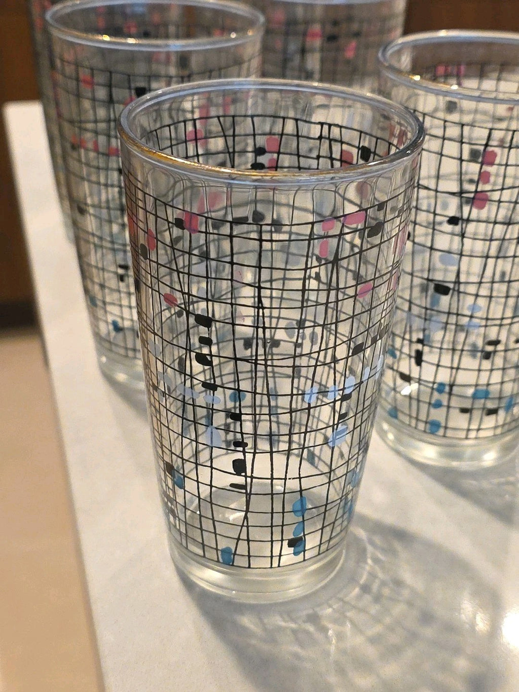 (7) Vintage 1950’s Hazel Atlas Geometric Crosshatch Drinking Glasses Tumblers