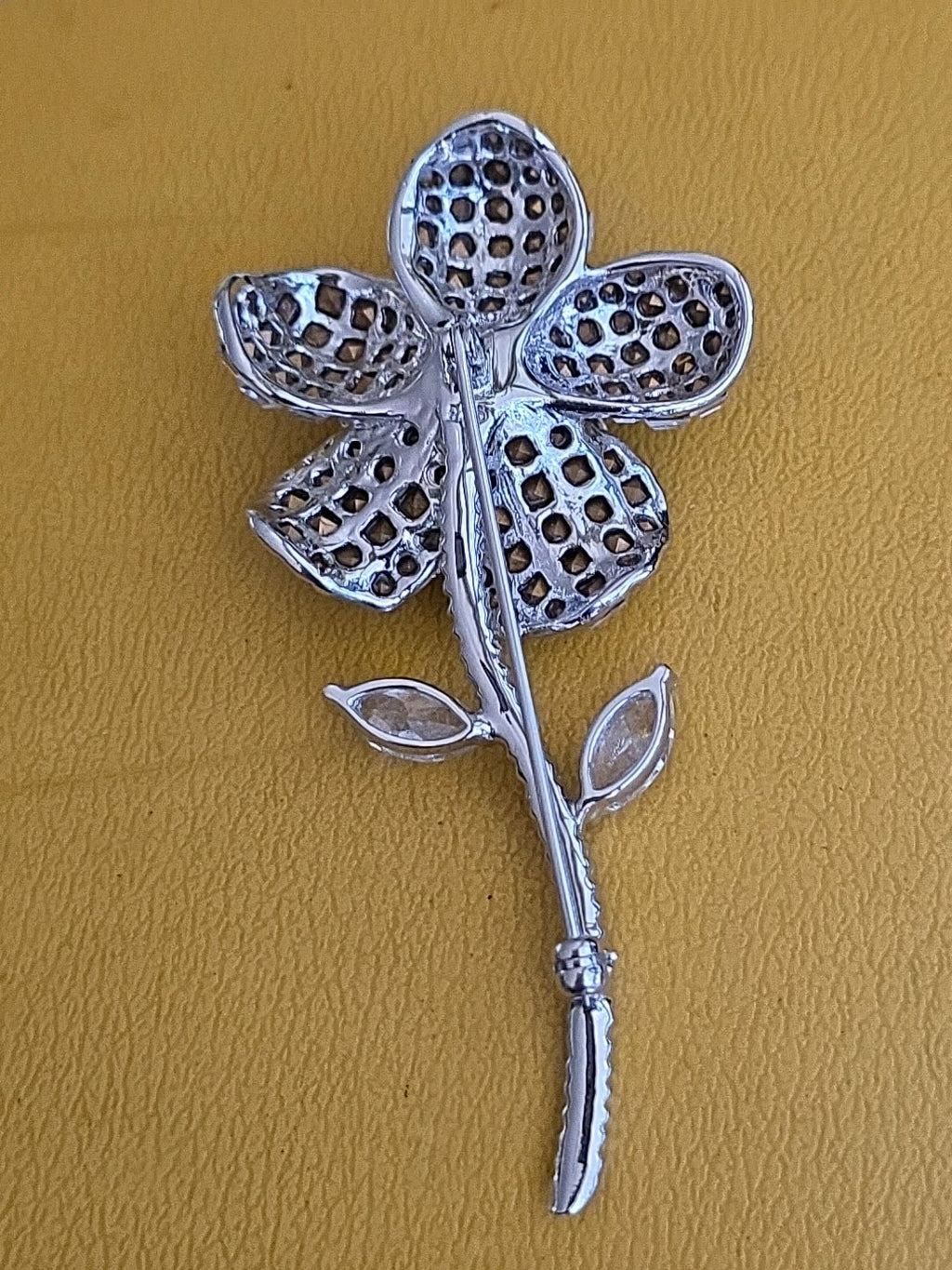 Vintage Flower Brooch Pin in Sterling with Rhinestones
