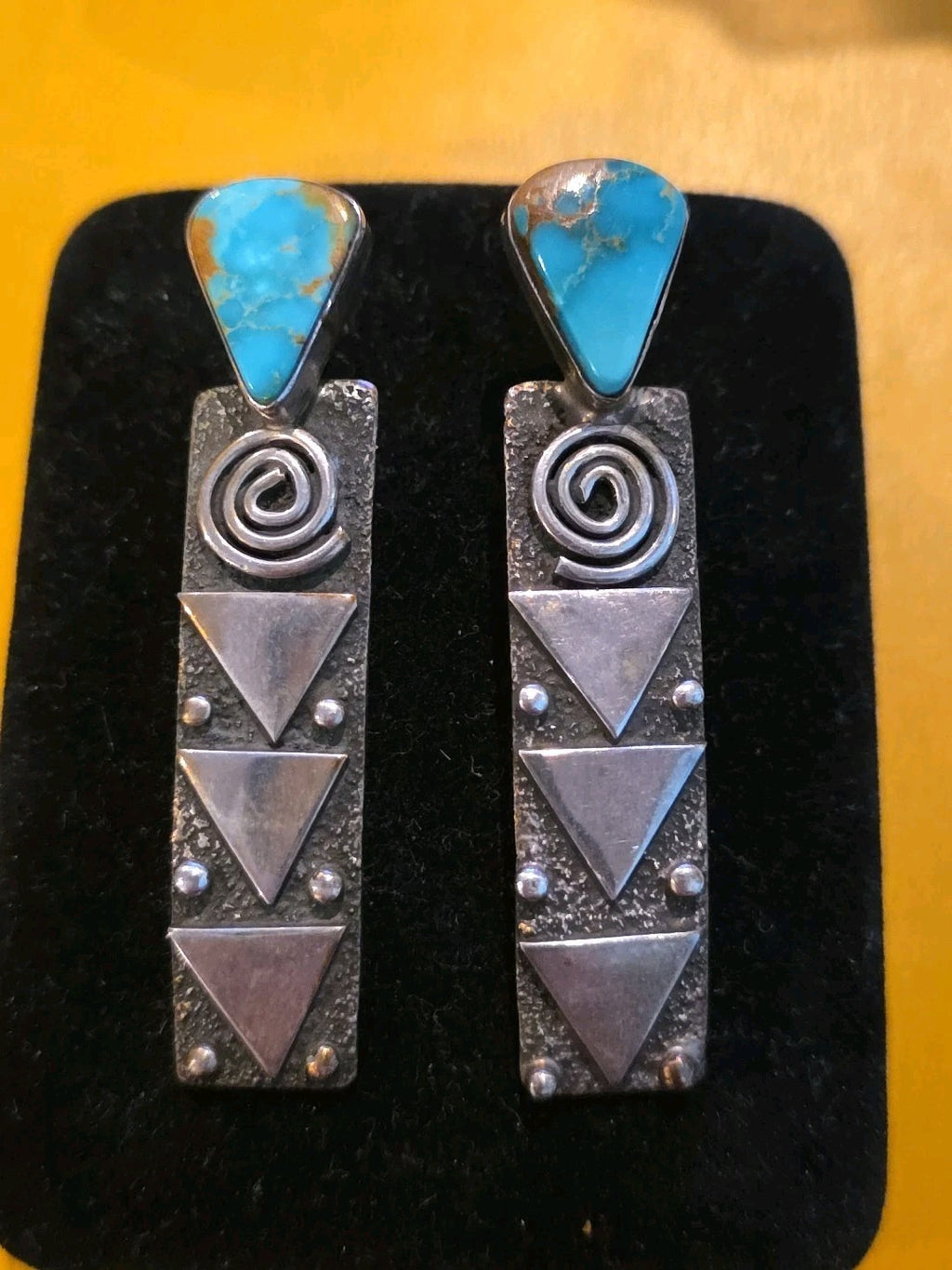 ALEX SANCHEZ, Navajo Large 2 3/4" Petroglyph Sterling Turquoise Earrings