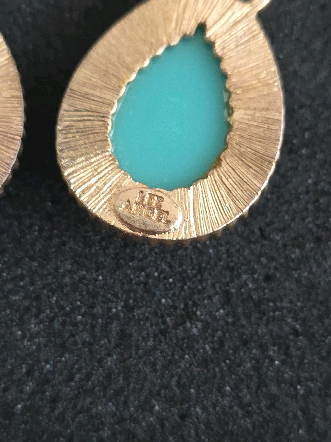 VTG LEE ANGEL Gold Tone Faux Turquoise Rhinestone Omega Back Dangle Earrings
