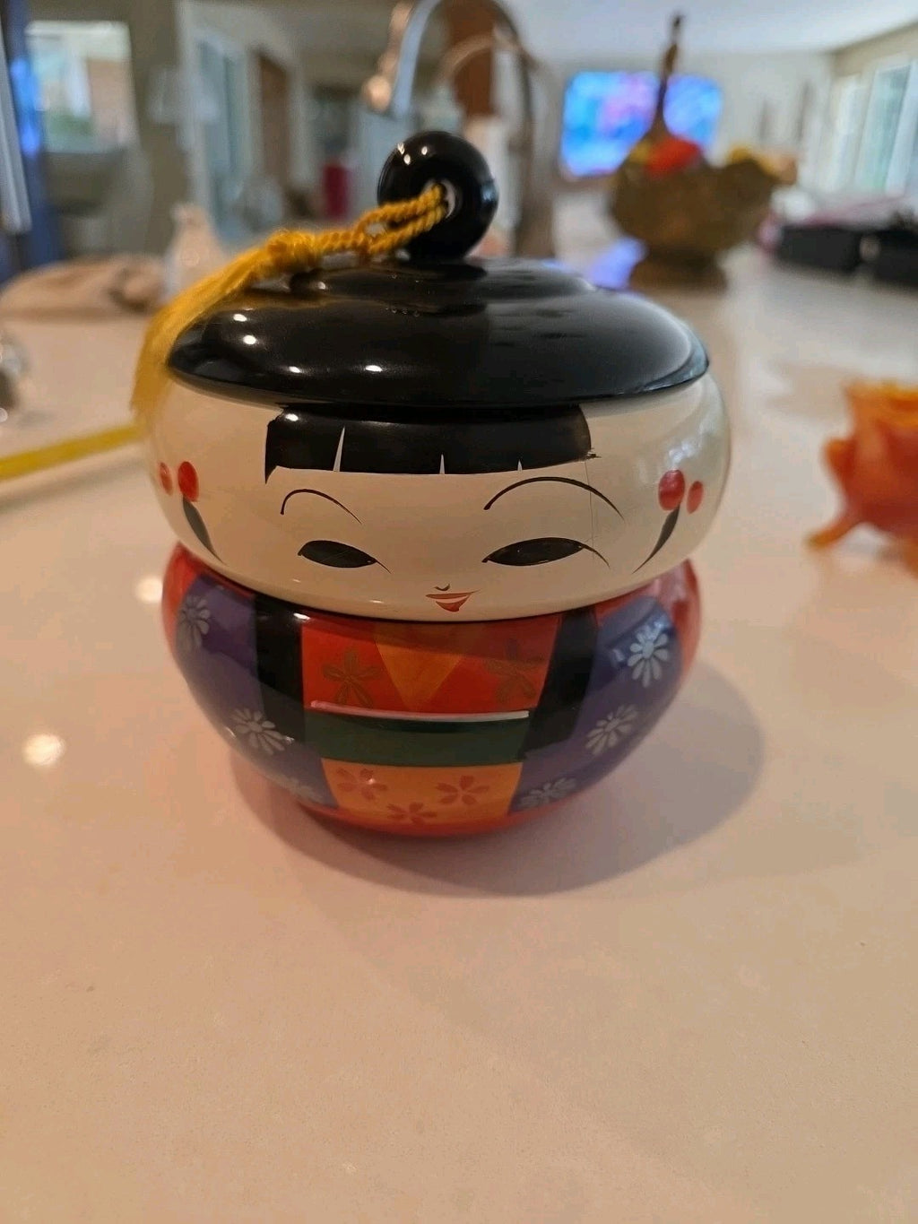 Vintage Japanese 2 Part Lacquer Figural Kokeshi Doll Bento Box Hand Painted 5”